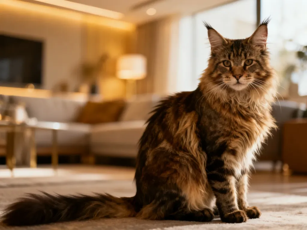 Dostojny kot rasy Maine Coon z charakterystycznymi pędzelkami na uszach, siedzący w przytulnym, nowoczesnym salonie.