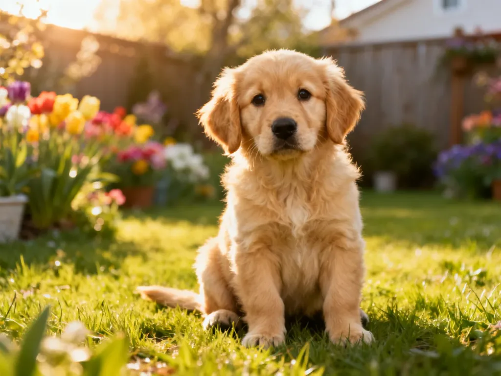 Uroczy szczeniak golden retrievera siedzący na zielonym trawniku w słonecznym ogrodzie.