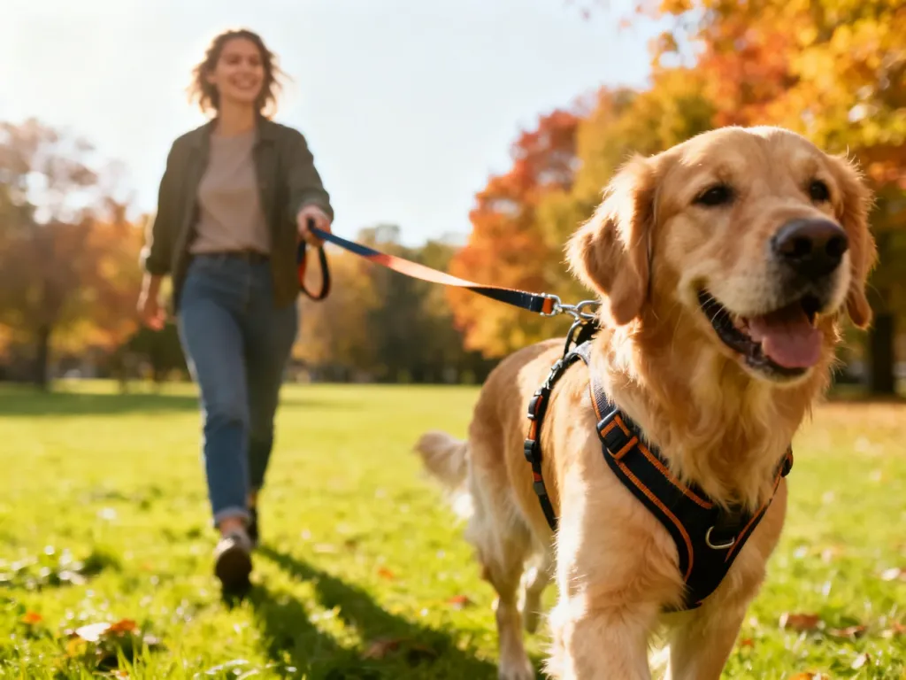 Szczęśliwy golden retriever w szelkach i na smyczy spaceruje z właścicielką w słonecznym parku.