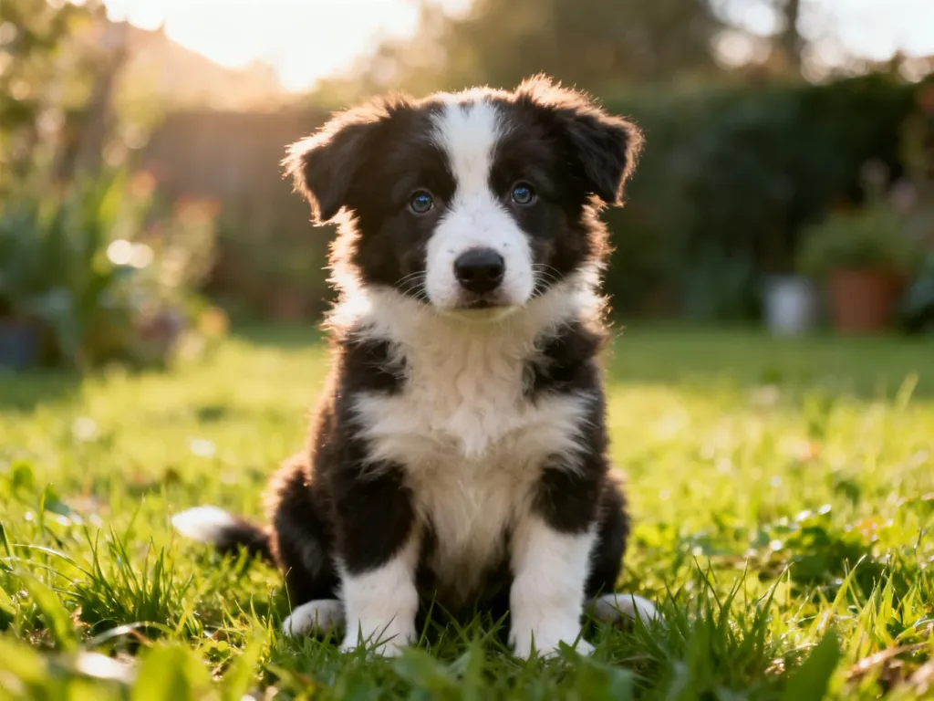 Uroczy szczeniak border collie siedzący na zielonej łące w promieniach porannego słońca.