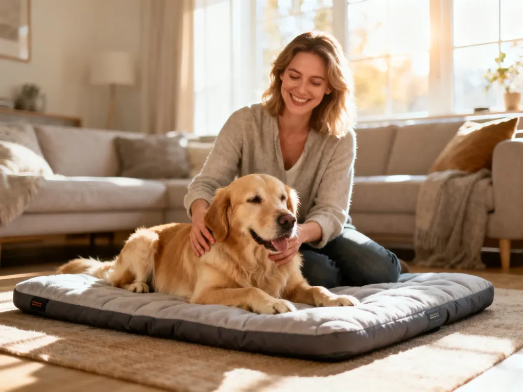Kobieta głaszcząca golden retrievera leżącego na wygodnej, ortopedycznej macie dla psa w przytulnym salonie.