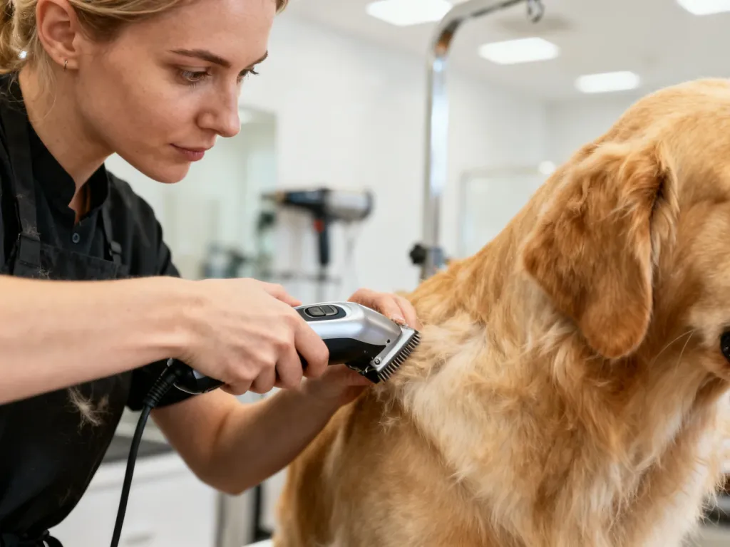 Profesjonalny groomer używa elektrycznej maszynki do strzyżenia sierści złotego retrievera w salonie pielęgnacji zwierząt.
