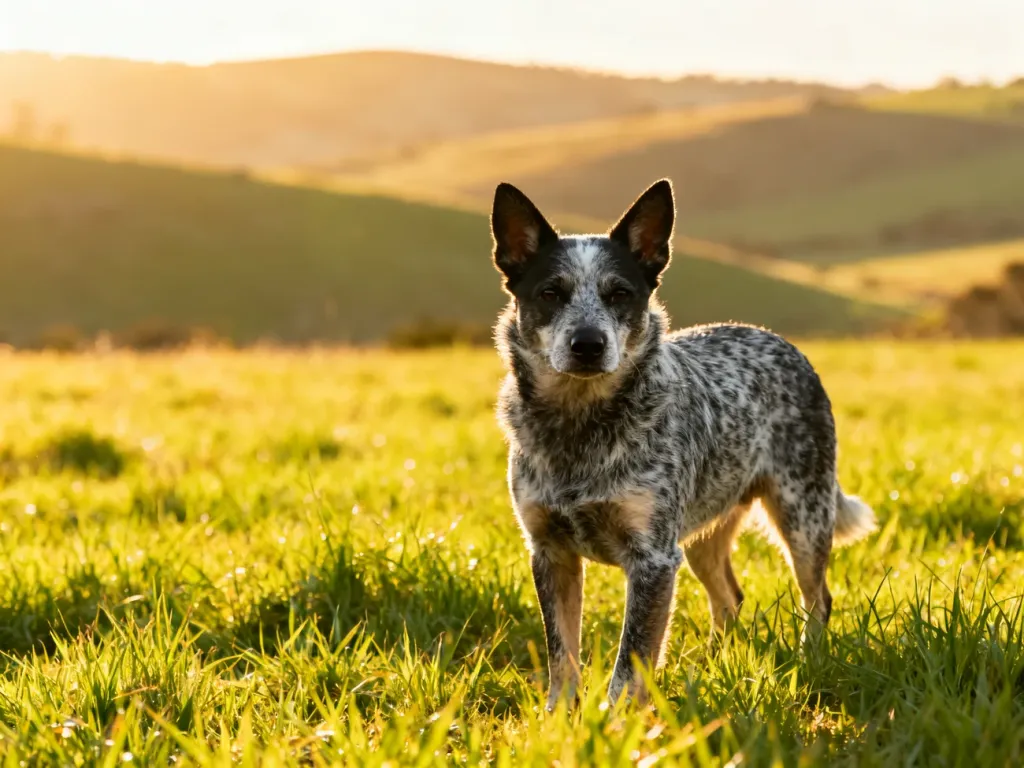 Australian Cattle Dog o nakrapianej sierści stojący na słonecznej łące w otoczeniu wiejskiego krajobrazu.
