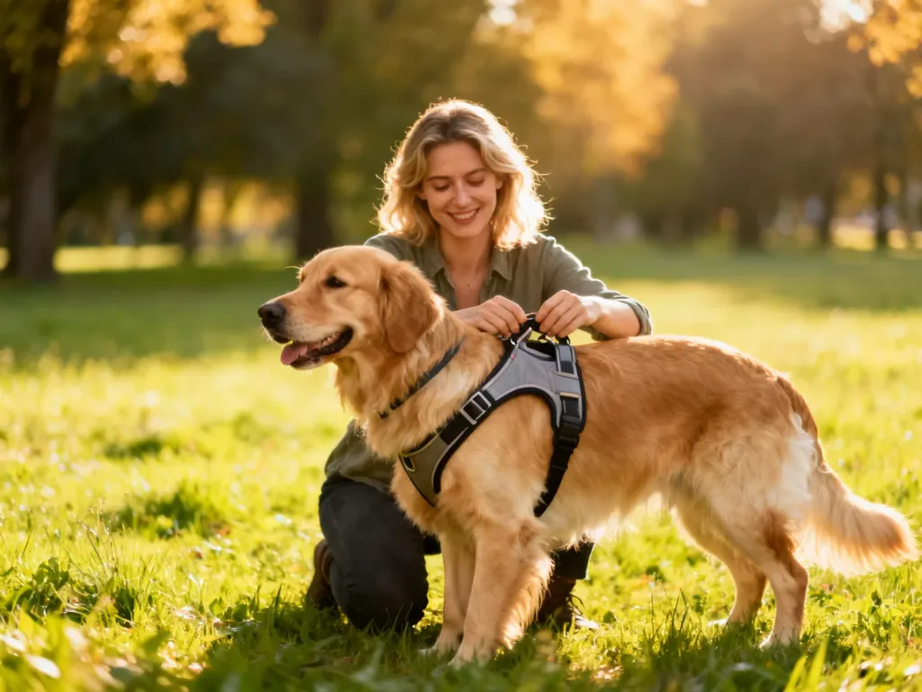 Kobieta w słonecznym parku zakłada wygodne szelki na golden retrievera, pokazując sposób ich poprawnego dopasowania.