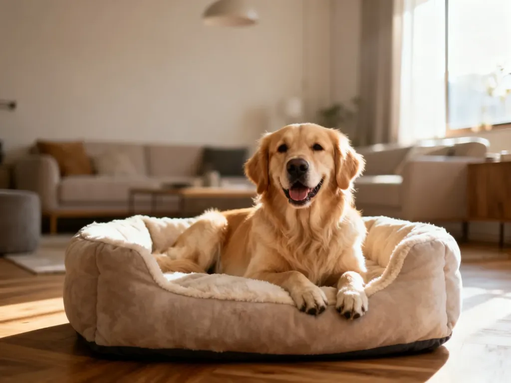 Szczęśliwy Golden Retriever odpoczywający na wygodnym, stylowym legowisku w przytulnym, nowoczesnym salonie.