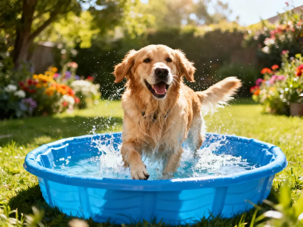 Szczęśliwy golden retriever bawiący się w niebieskim basenie dla psów ustawionym w słonecznym, zielonym ogrodzie.