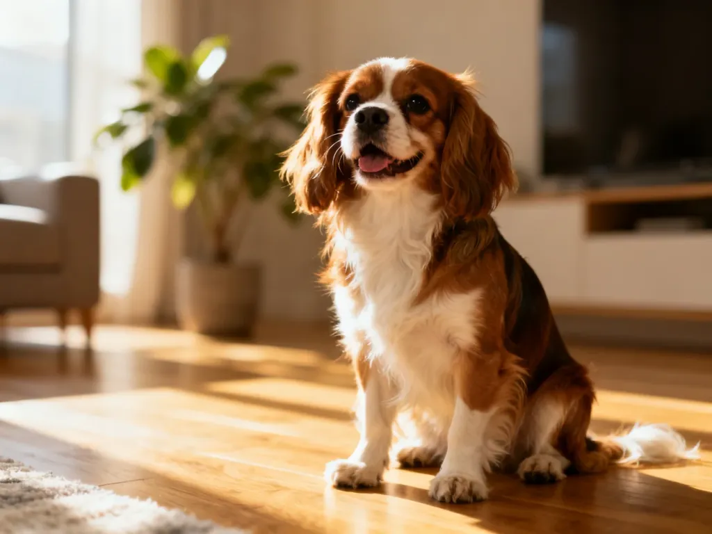 Szczęśliwy pies rasy Cavalier King Charles Spaniel o trójkolorowym umaszczeniu siedzący na słonecznej podłodze w salonie.