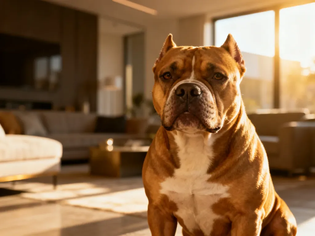 Muskularny pies rasy American Bully XL siedzący spokojnie w nowoczesnym, słonecznym salonie.