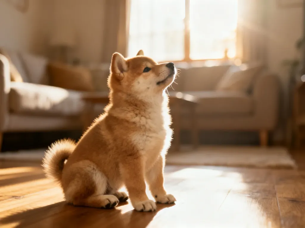Puszysty szczeniak rasy shiba inu siedzący na drewnianej podłodze w przytulnym, nasłonecznionym salonie.