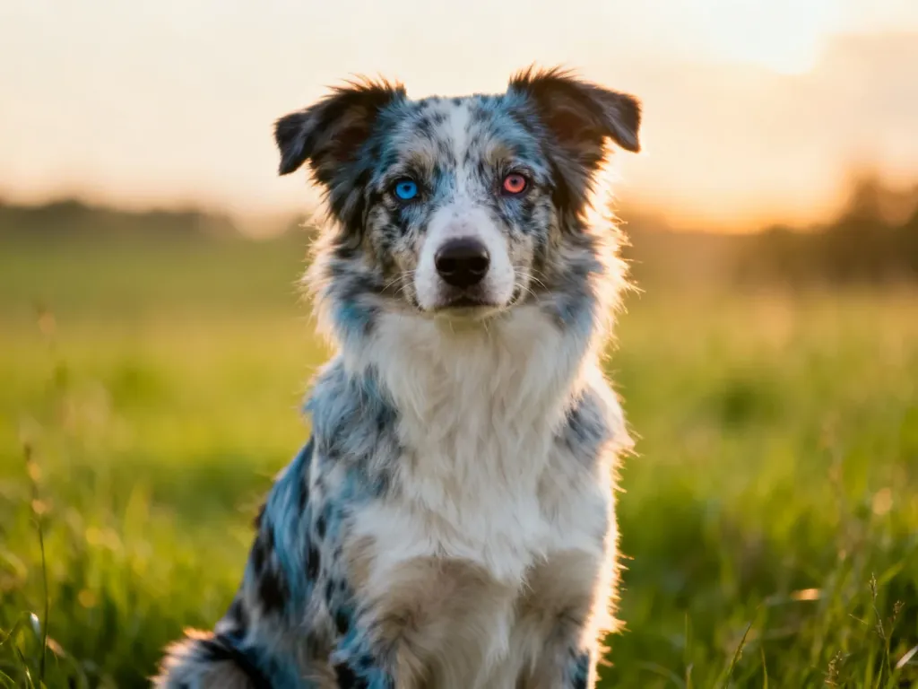 Portret psa rasy border collie o umaszczeniu blue merle i różnobarwnych oczach, siedzącego na słonecznej łące.