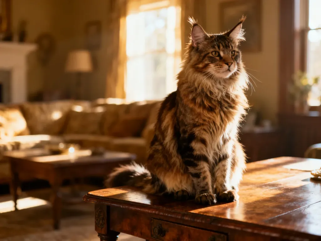 Dostojny kot rasy Maine Coon siedzący na drewnianym stole w przytulnym, słonecznym salonie.