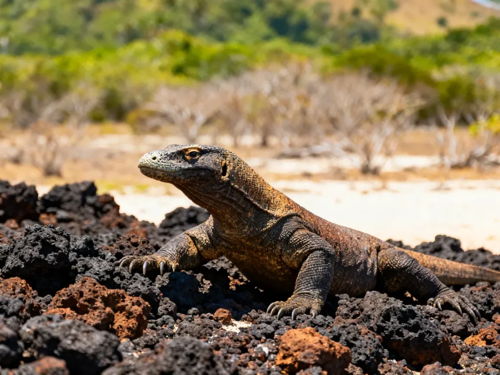 Waran z Komodo odpoczywający na wulkanicznym podłożu w otoczeniu tropikalnego krajobrazu.