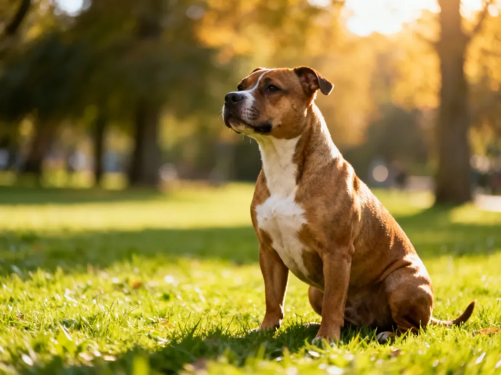 Umięśniony Staffordshire Bull Terrier siedzący dumnie na zielonym trawniku w słonecznym parku.